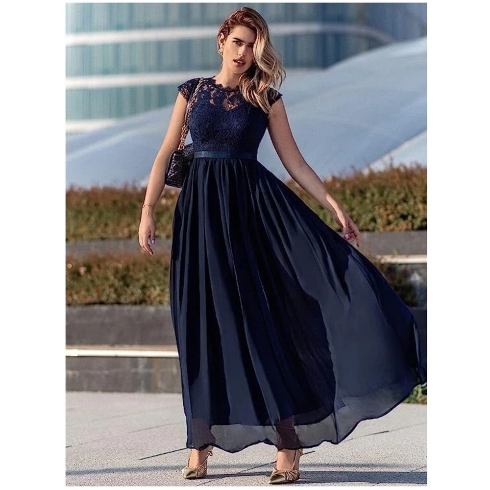 Miusol Formal Maxi Dress XL Lace Navy Blue Cap Sleeve Evening Party Wedding